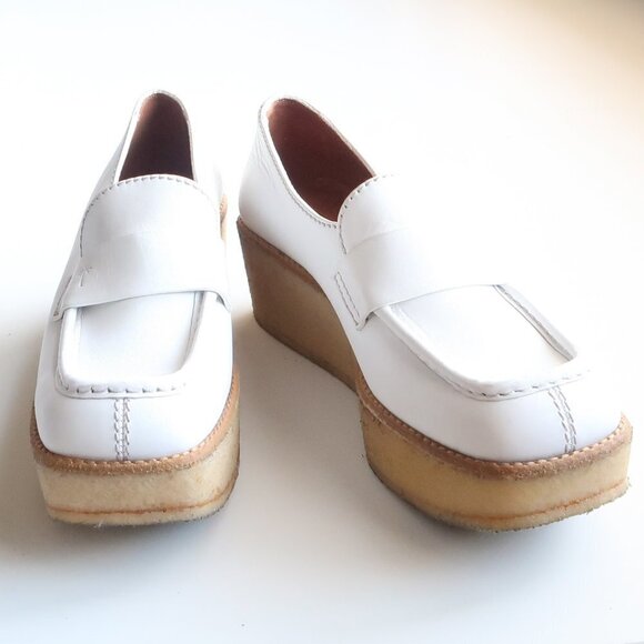 Tomas Maier White Leather Crepe Platform Wedge Heel Loafers Slip-on Shoes Size 6 - Picture 5 of 16
